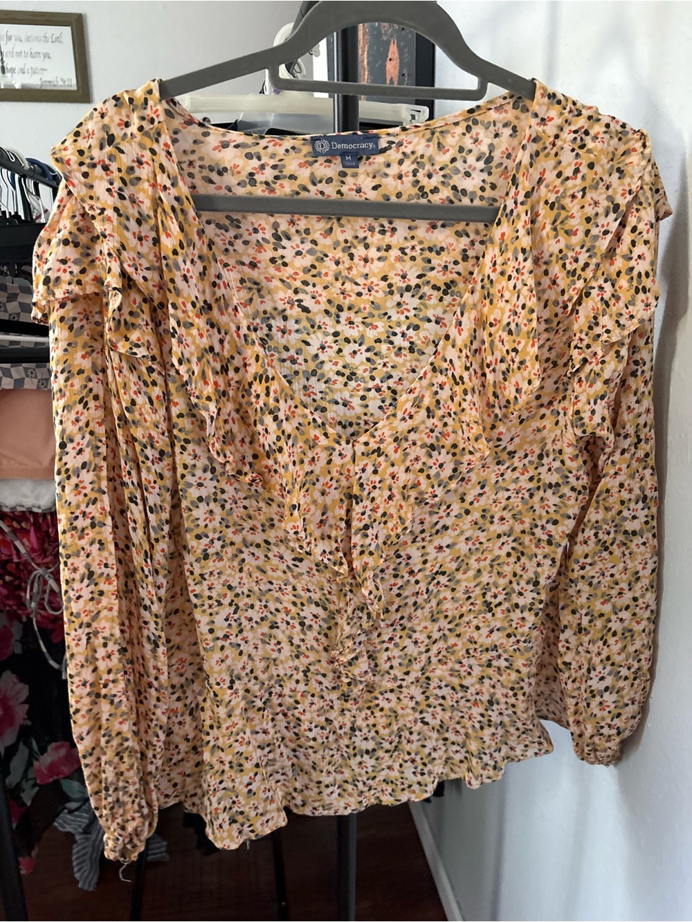 Democracy Yellow Floral Ruffle V-Neck Blouse with Multicolor Print